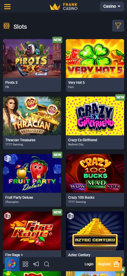 Frank Casino mobile lobby